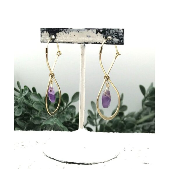 Gold Tone Amethyst Dangle Hoop Earrings With Teardrop Design - Picture 2 of 3